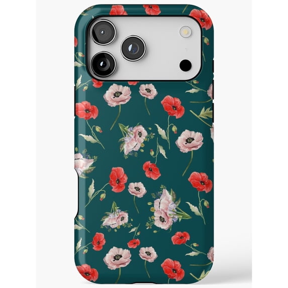 Red and Blush Poppy Floral Deep Teal Tough Case for Apple iPhone, Dual ...