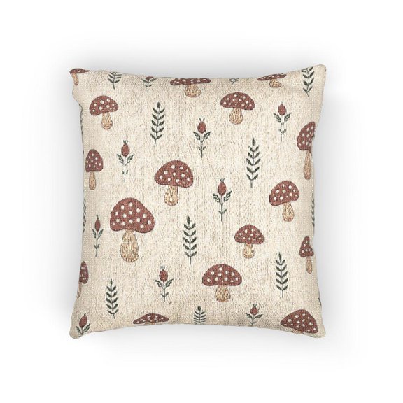 Red and Burgundy Toadstool Mushrooms and Botanical Sprigs Woven Pillow, Cotton-Polyester, Woodland Style