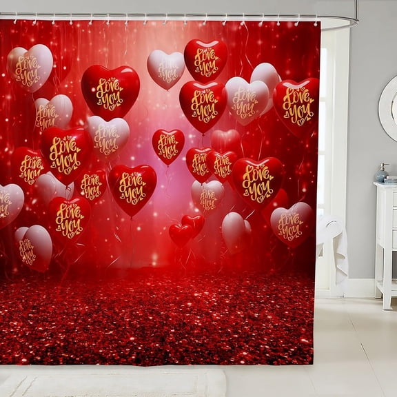 Red and Gold Balloons Love Heart Shower Curtain Set, Valentines Day and Wedding Decor for Couples