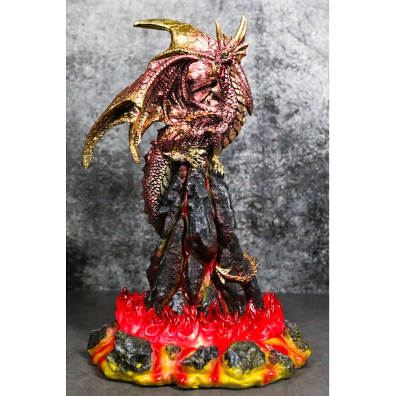 Red and Gold Dragon Standing On Volcano Mountain With LED Lava Base Figurine