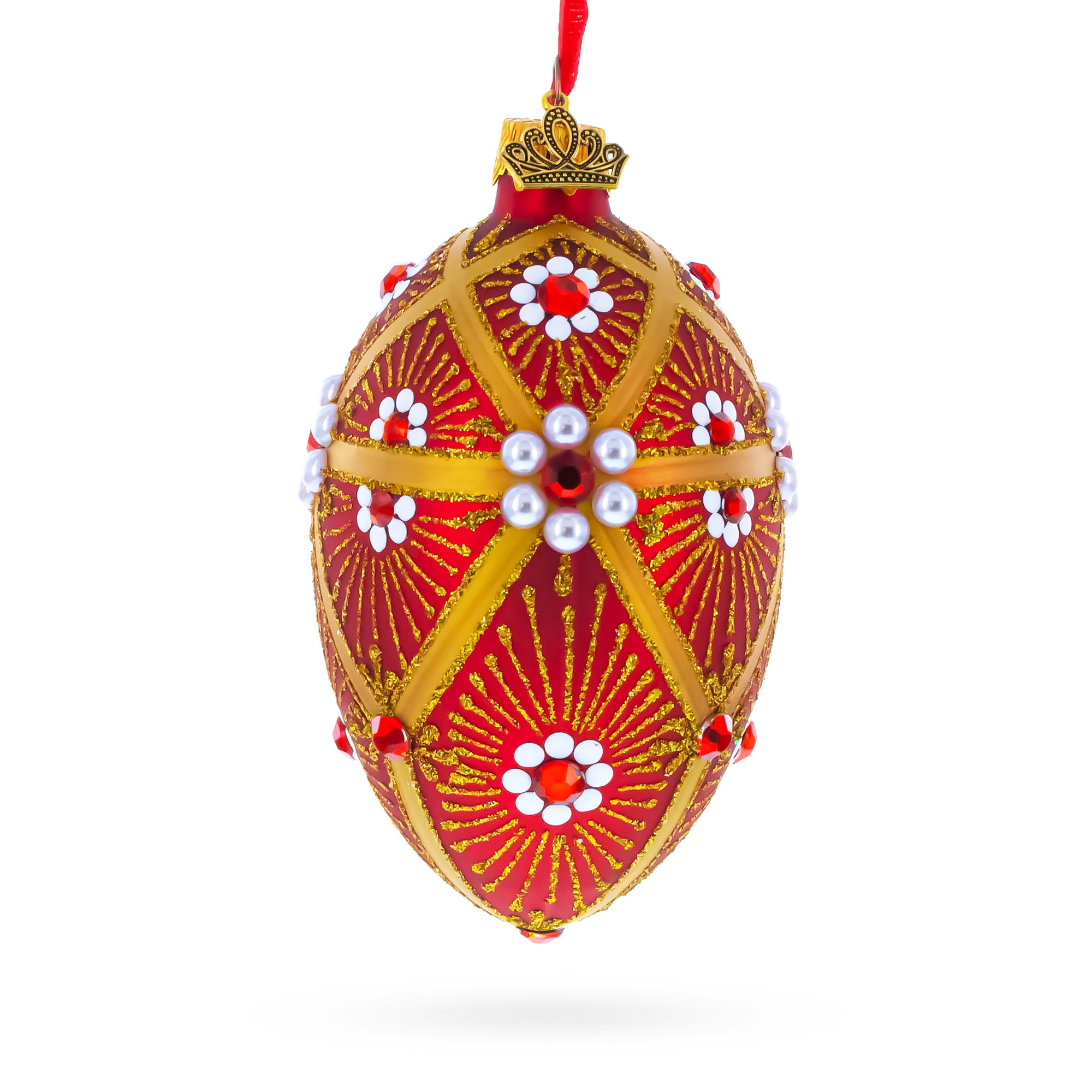 Red and Gold Floral Bejeweled Glass Egg Ornament 4 Inches Red and Gold Floral Bejeweled Glass Egg Ornament 4 Inches