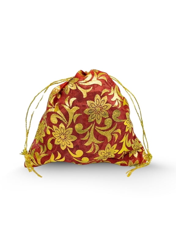 Floral Drawstring Potli Bag with Decorative Fabric Finish, Traditional Gift Pouch for Jewelry, Accessories, Party Favors and Festive Packaging