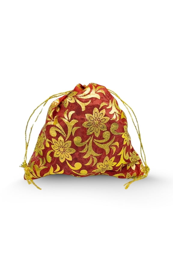 Red and Gold Floral Drawstring Potli Bag Traditional Ethnic Wedding Gift Pouch Festive Accessory Party Favor Small Purse