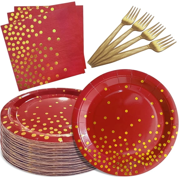 Red and Gold Party Supplies,Serves 35 Guests 7" Red Paper Plates Napkins,Birthday Plates and Napkins for Wedding Graduation