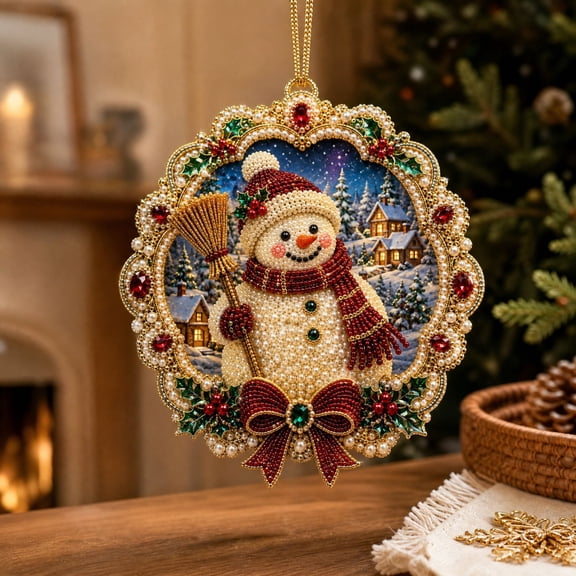 Red and Gold Snowman Pearl Diamond Painting, Christmas Wall Decor for Seasonal Home Accent, Christmas Ornaments with Intricate Beaded Details