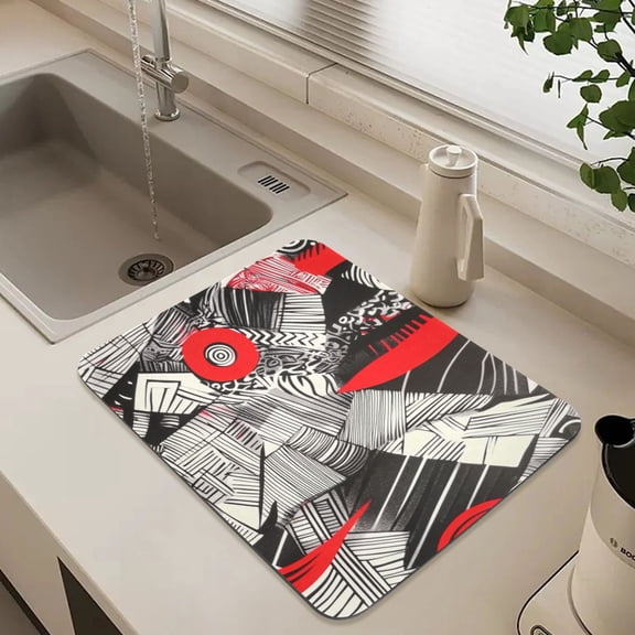 Red and Gray Abstract Art Dish Drying Mat for Kitchen Counter Absorbent Drainer Mats (15.7X11.8inch)