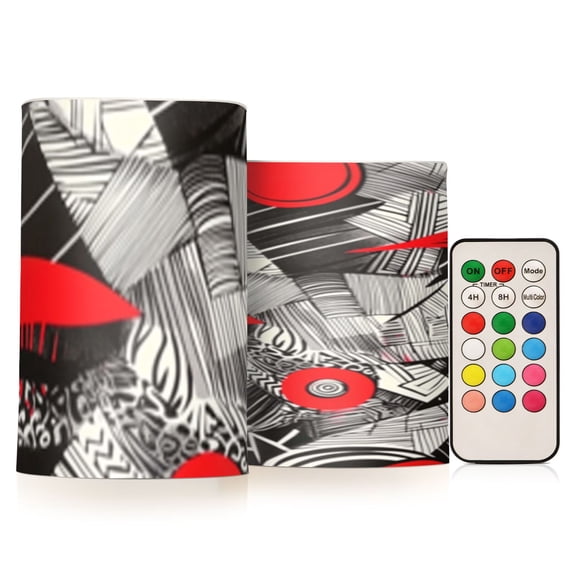 Red and Gray Abstract Art Flickering Flameless Candles Battery Operated with Remote Timer LED Pillar Candles Set of 2
