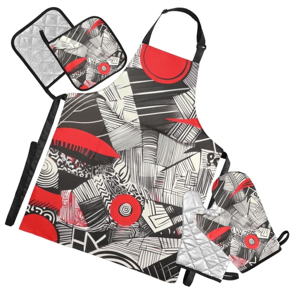 Red and Gray Abstract Art Oven Mitts and Pot Holders with Chef Apron Set 5 Pcs Kitchen Cooking Set