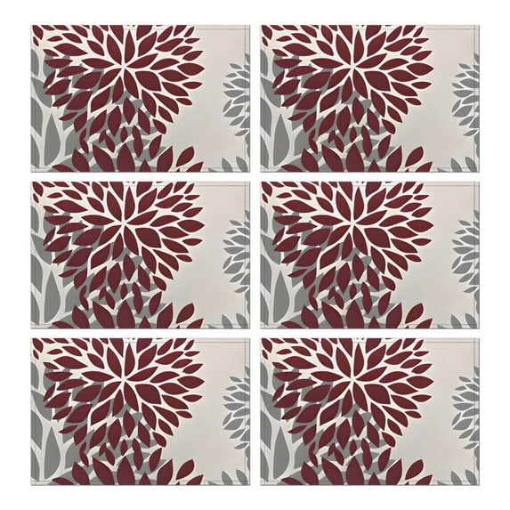 Red and Gray Floral Pattern Summer Placemats Table Placemats Set Of 6-Linen Kitchen Washable Placemats Table Mats 11.8"x17.7" Non-Slip Heat Resistant