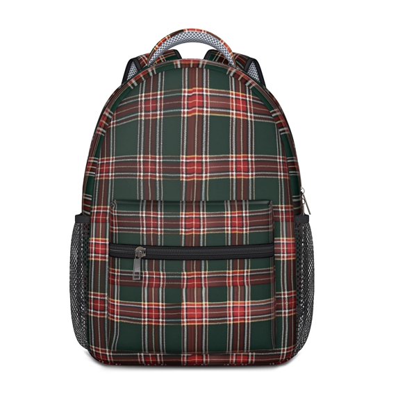 Red and Green Checkered Pattern Backpack for School, Cute School Bag with Adjustable Shoulder Straps and Padded Back, 15.3"x11"x6.7"