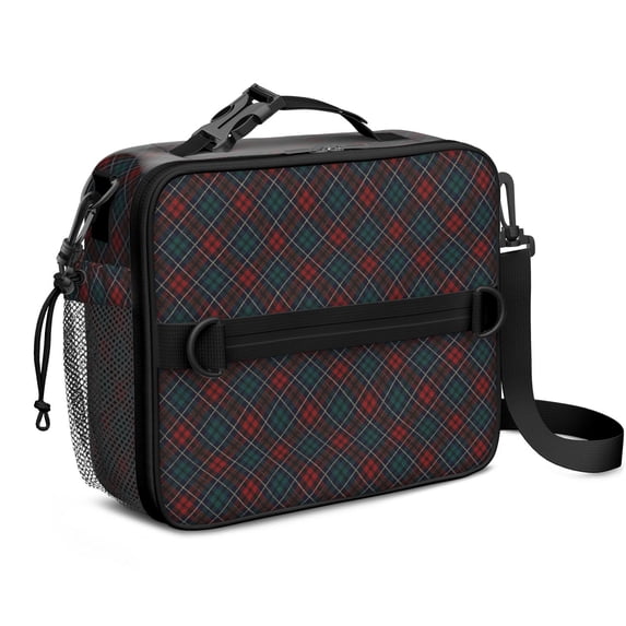 Red and Green Checkered Pattern Insulated Lunch Bag with Shoulder Strap and Bottle Holder,Bento School Lunch Bag Box,11x9.5x3.5 Inches