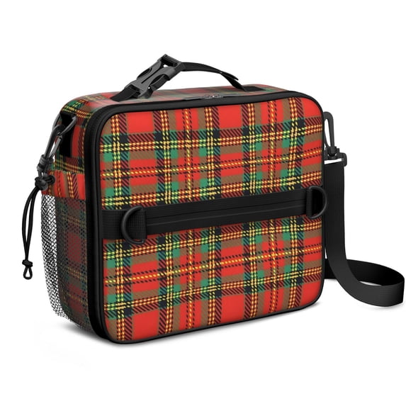 Red and Green Checkered Pattern Insulated Lunch Bag with Shoulder Strap and Bottle Holder,Bento School Lunch Bag Box,11x9.5x3.5 Inches