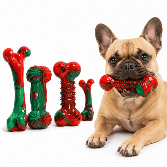 Red and Green Christmas Dog Chew Toys, Textured Bone Set for Indoor Play and Holiday Pet Gifts, 4PCS