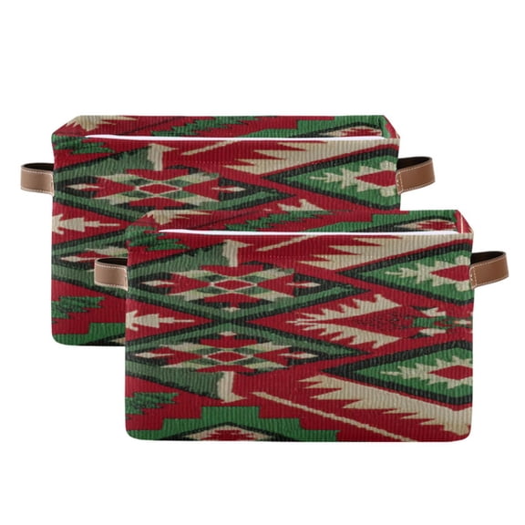 Red and Green Christmas Geometric Pattern Square Storage Bins with Handles Collapsible Containing Box 2 Packs