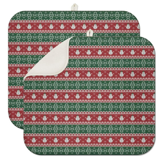 Red and Green Christmas Snowman Pattern Dish Drying Mat for Kitchen 1 Pack, Ultra Absorbent Microfiber Dishes Drainer Mats,16x18in(41x46cm)