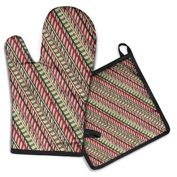 Red and Green Christmas Striped Pattern Kitchen Oven Mitt and Pot Holder Sets 2 Pcs for Baking, Cooking and Grilling, Heat Resistant Up To 392 °F