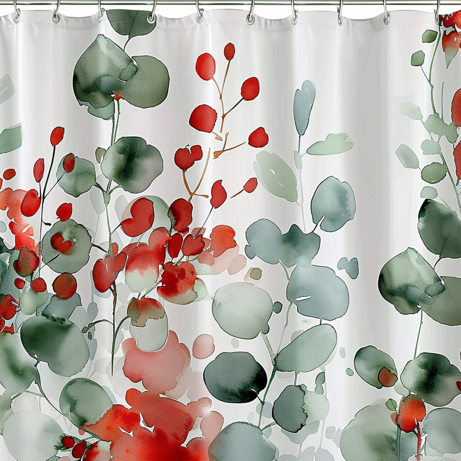 Red and Green Floral Eucalyptus Watercolor Shower Curtain White