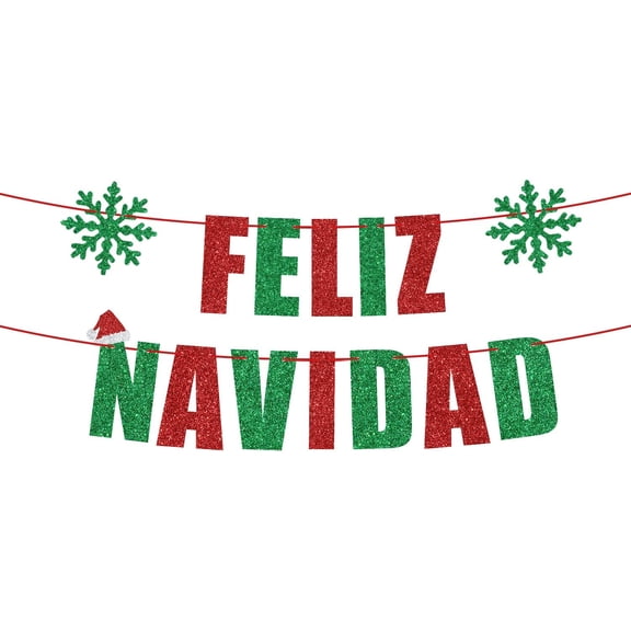 Red and Green Glitter Feliz Navidad Banner, Spanish Merry Christmas Bunting, Indoor Christmas Decorations for Home Office Party