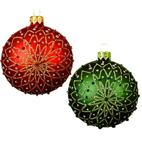 Red and Green Mouth Blown Glass Ornaments - Set of 2 Star Burst European Glass Balls