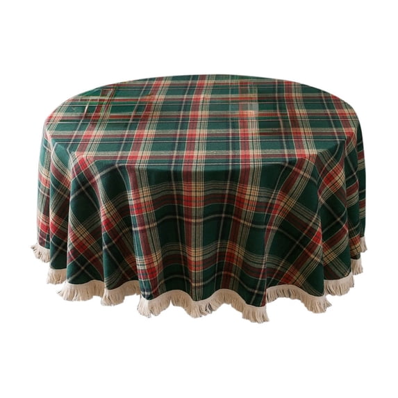 Red and Green Plaid Tassels Christmas Tablecloth - Round Woven Polyester-Cotton Blend - Festive Table Cover for Home, Party, and Dining Decor