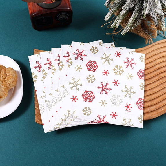 Red and Green Snowflake Christmas Paper Napkins, 20 Count Holiday Party Disposable Table Decoration, 6.5 x 6.5 in