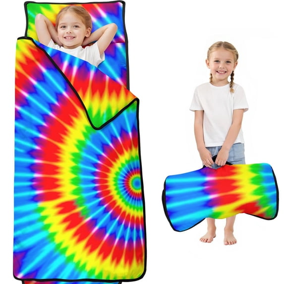 Red and Green Tie Dye Pattern Teens Toddler Nap Mat with Pillow, Sleeping Mat Bag for Preschool Daycare 59"x22"