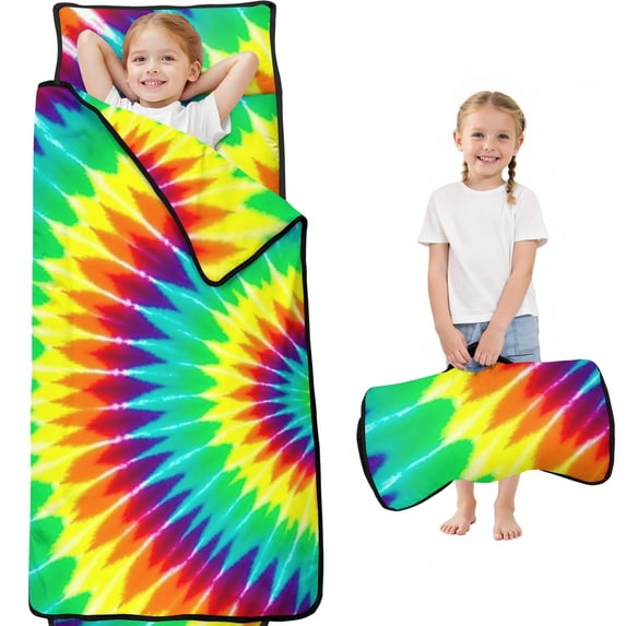 Red and Green Tie Dye Pattern Teens Toddler Nap Mat with Pillow, Sleeping Mat Bag for Preschool Daycare 60"x20"