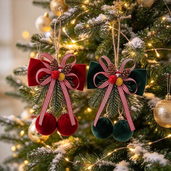Red and Green Velvet Christmas Bow Ornaments Set of 2 with Pinecone and Velvet Balls, Handmade Ribbon Tree Bows, Hanging Decor for Wreath
