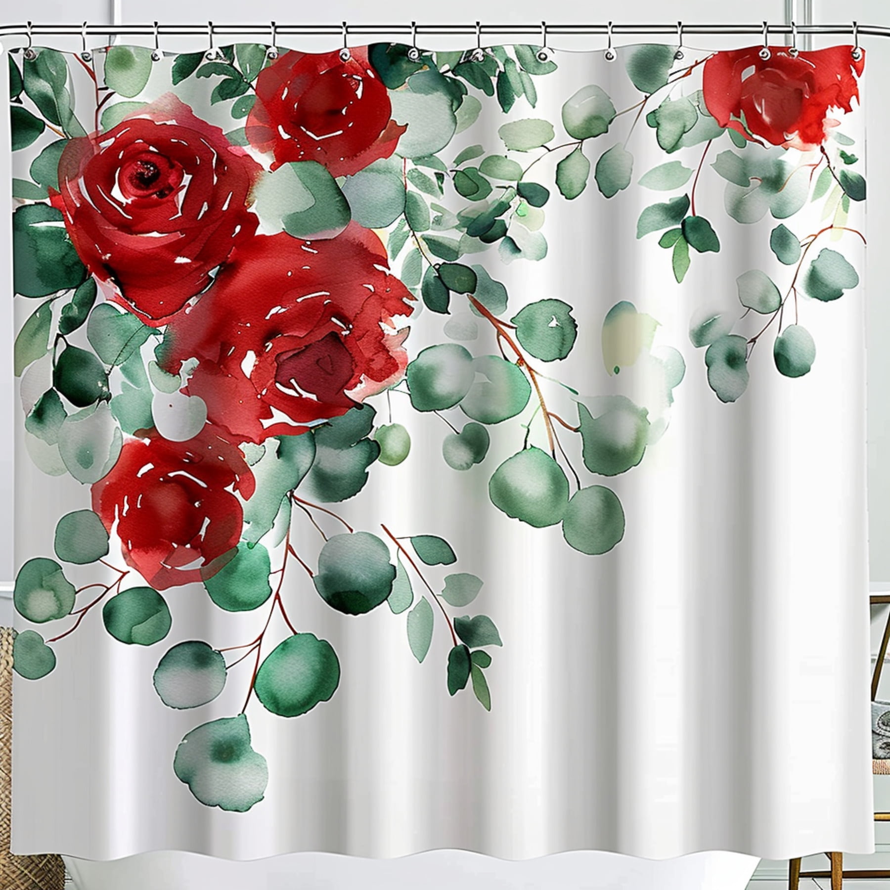 Red and Green Watercolor Floral Eucalyptus Red Roses White Background ...