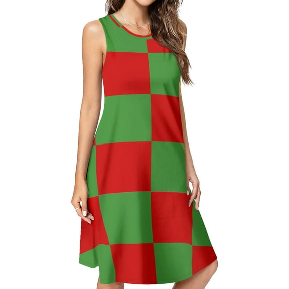 Red and Green pattern Spring Summer Dresses for Women Fashion T-shirt Dress Casual Sleeveless Loose Sundress with Pockets