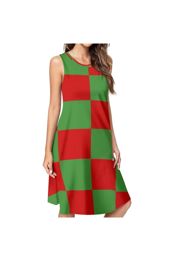 Red and Green pattern Spring Summer Dresses for Women Fashion T-shirt Dress Casual Sleeveless Loose Sundress with Pockets
