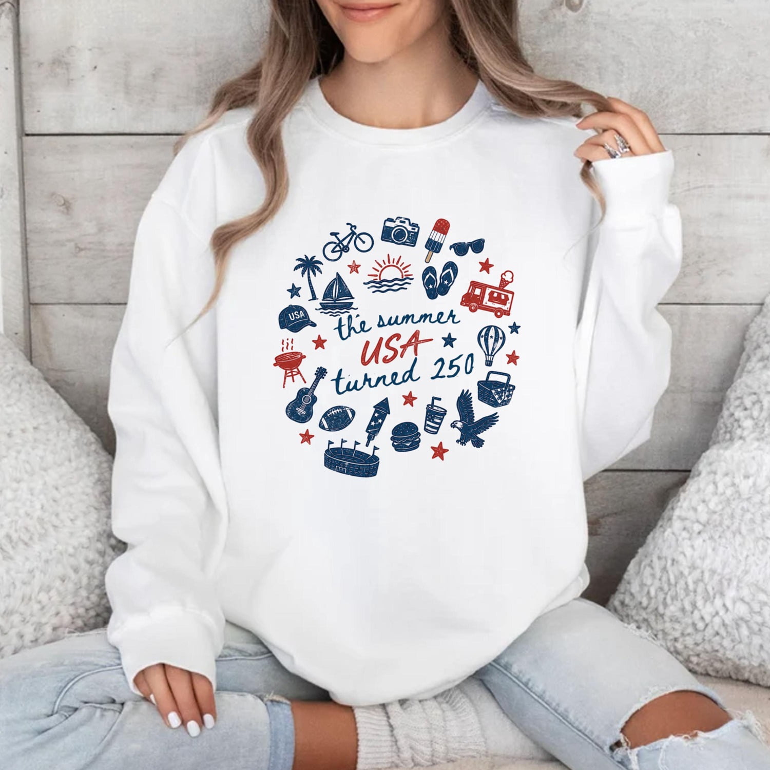Red and Navy USA 250th Summer Icons Graphic Crewneck Sweatshirt, Unisex ...