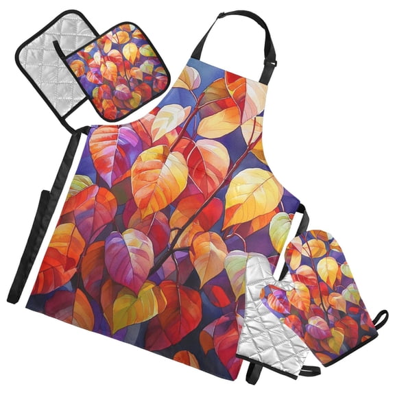 Red and Orange Autumn Leaves Oven Mitts and Pot Holders with Chef Apron Set 5 Pcs Kitchen Cooking Set