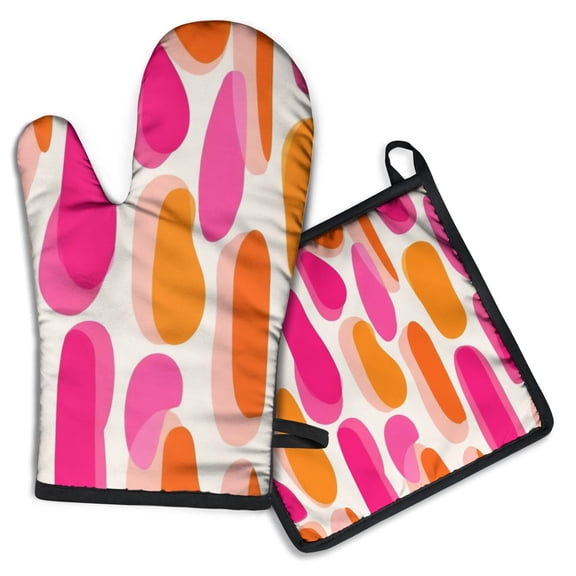 Red and Orange Modern Art Geometric Kitchen Oven Mitt and Pot Holder Sets 2 Pcs for Baking, Cooking and Grilling, Heat Resistant Up To 392 °F