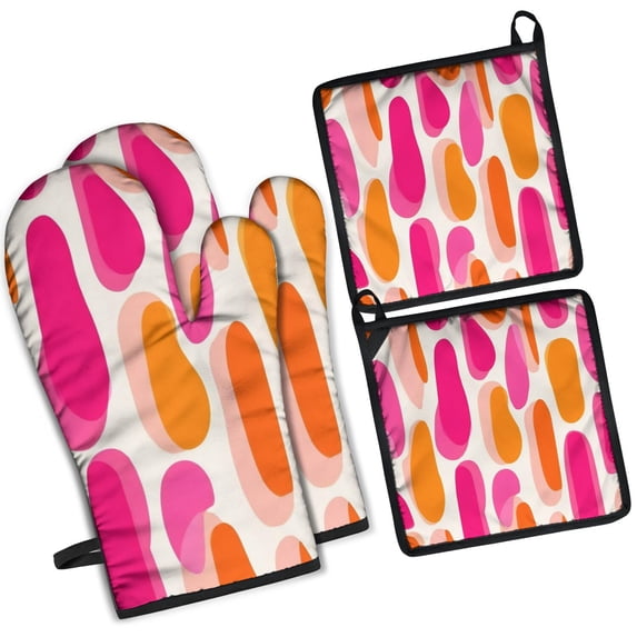 Red and Orange Modern Art Geometric Kitchen Oven Mitt and Pot Holder Sets 4 Pcs for Baking, Cooking and Grilling, Heat Resistant Up To 392 °F