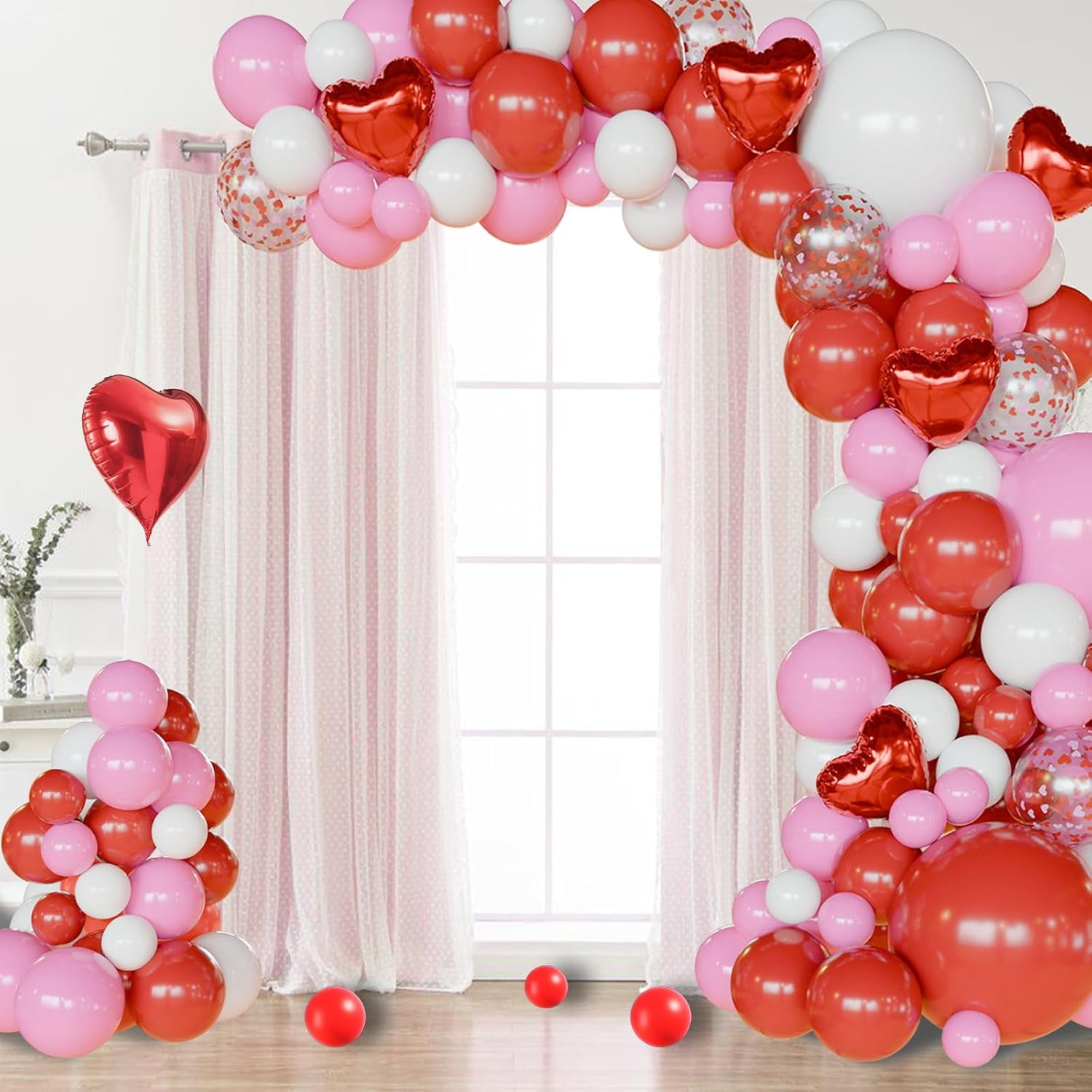 Red and Pink Balloons Valentines Day Balloon Arch Garland Kit with Foil Red Heart Balloons for Decorations