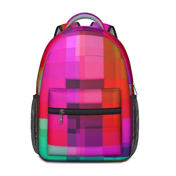 Red and Pink Checkered Pattern Backpack for School, Cute School Bag with Adjustable Shoulder Straps and Padded Back, 15.3"x11"x6.7"