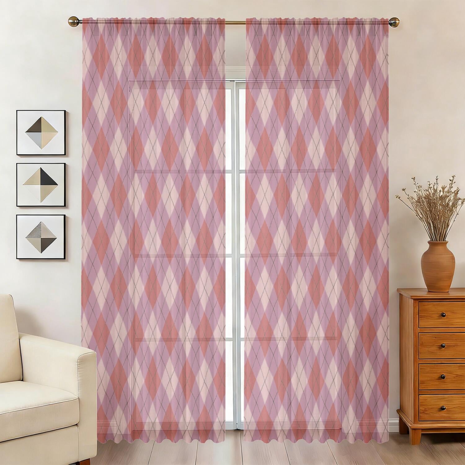 English Red Pattern Red and Pink Checkered Pattern Sheer Curtains, Voile Drapes with Dual ...
