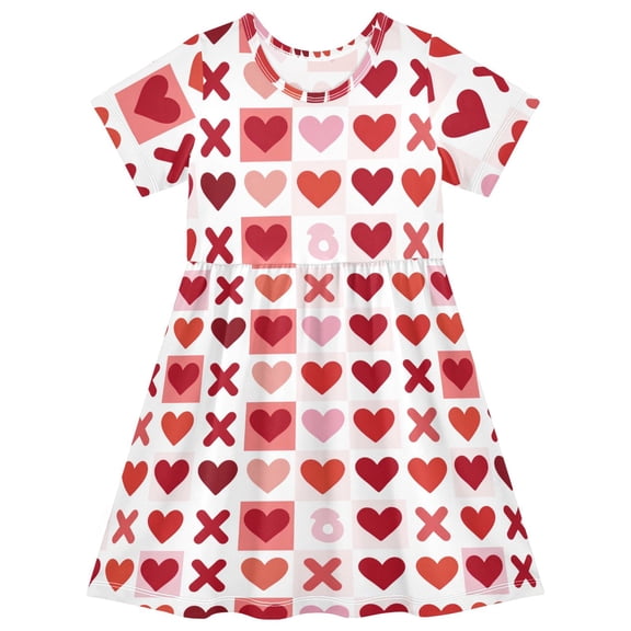 Red and Pink Valentine's Day Short Sleeve Dress A-Line Cute Midi Casual Sundress 2-8 Years