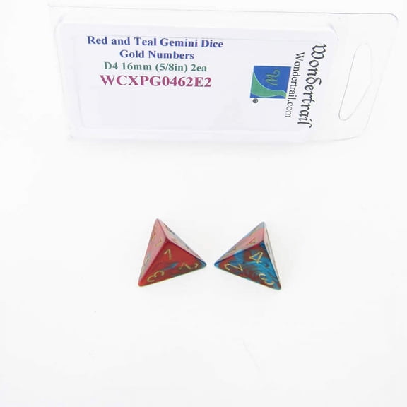Red and Teal Gemini Dice with Gold Numbers D4 Aprox 16mm (5/8in) Pack of 2 Wondertrail