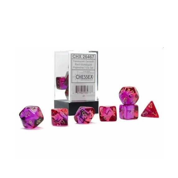 Gemini Polyhedral Dice Set | Set of 7 Dice in a Variety of Sizes Designed for Roleplaying Games | Premium Quality Dice for Tabletop RPGs | Translucent Red, Violet and Gold Color | Made by Chessex
