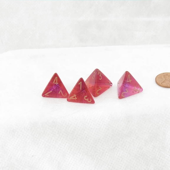 Red and Violet Translucent Gemini Dice with Gold Numbers D4 Aprox 16mm (5/8in) Pack of 4