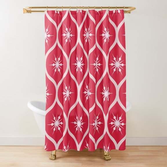 Red and White Atomic Starburst Lattice Shower Curtain, 100% Polyester, Mid-Century Style, Bathroom Decor