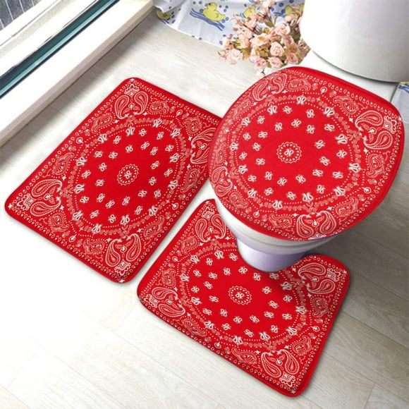 Red and White Bandana Bathroom Rugs and Mats Sets 3 Piece Floral Style Pattern Bath Mat U-Shaped Contour Shower Mat Non Slip