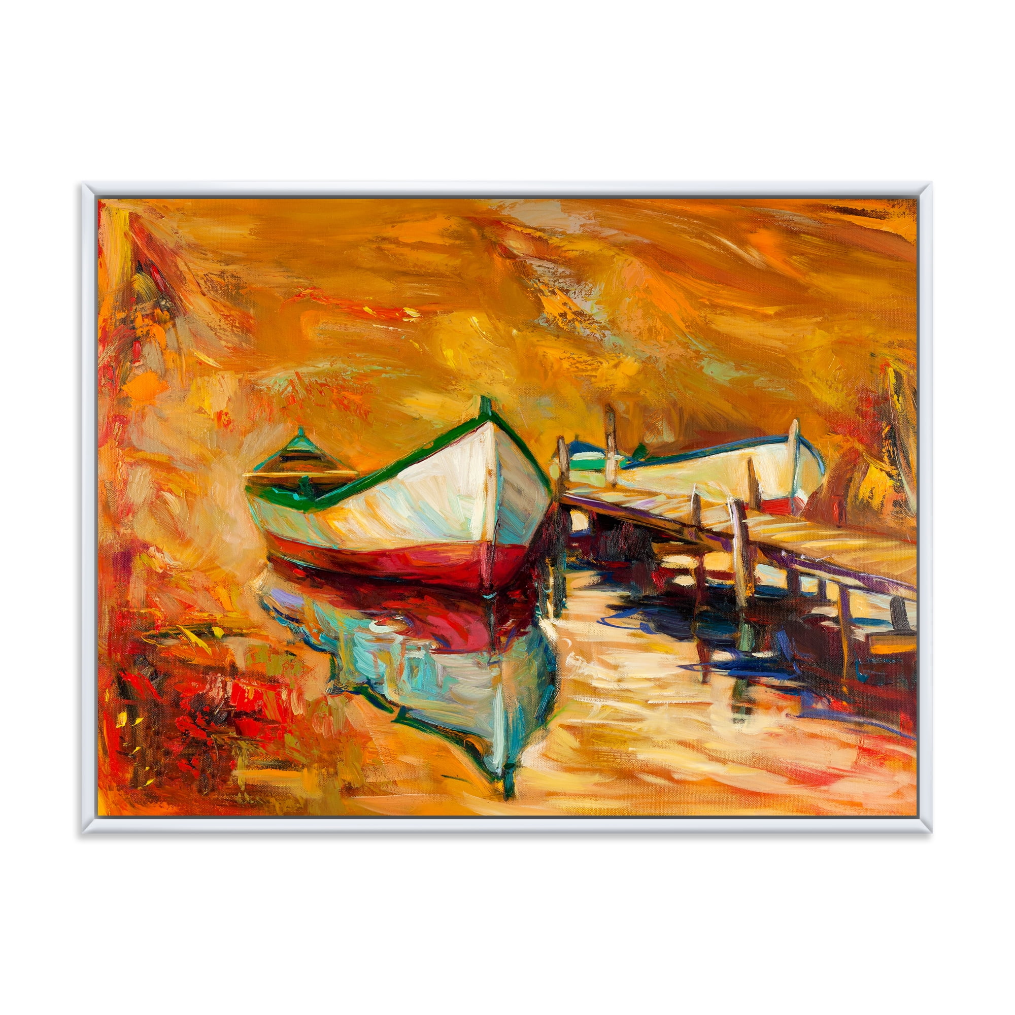 Red and White Boats By The Pier 32 in x 16 in Framed Painting Canvas Art Print, by Designart