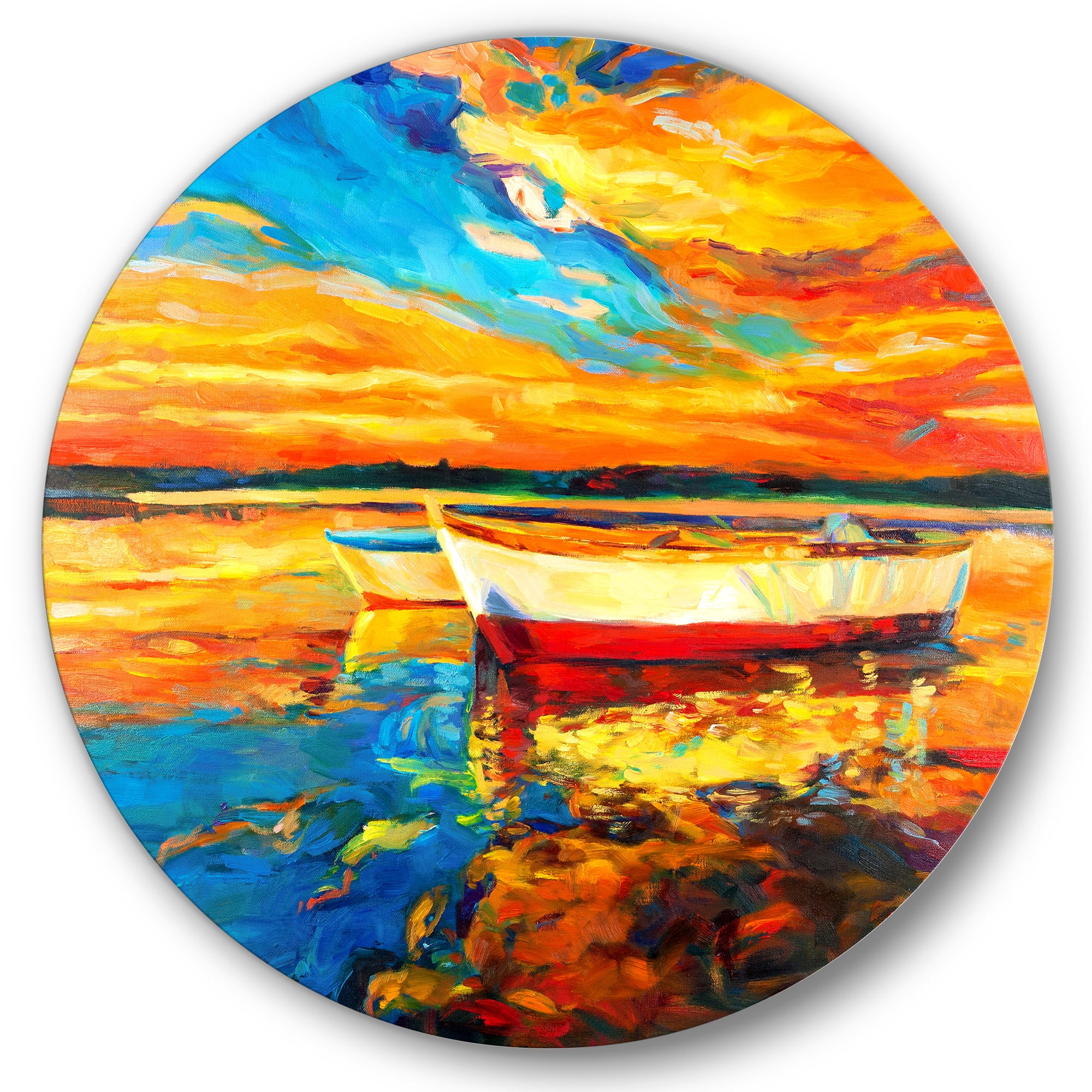 Red and White Boats By The Pier At A VIbrant Sunset 11 in x 11 in Painting Art Prints, by Designart