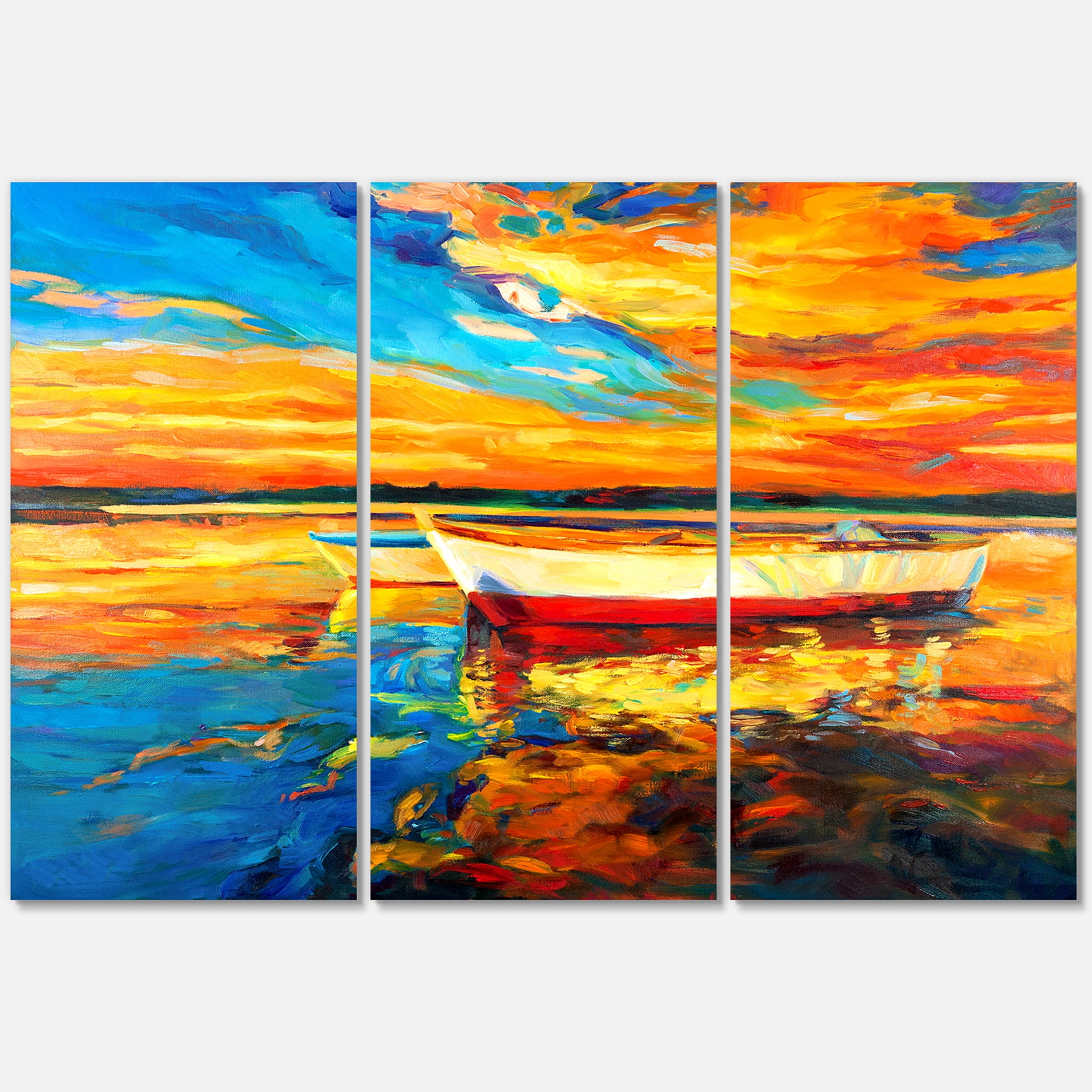 Red and White Boats By The Pier At A VIbrant Sunset 28 in x 36 in Painting Canvas Art Print, by Designart