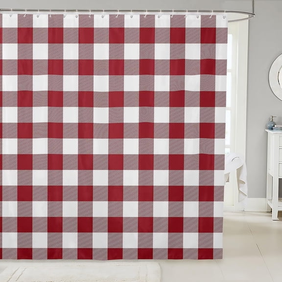 Red and White Buffalo Plaid Fabric Shower Curtain, Modern Checkered Design