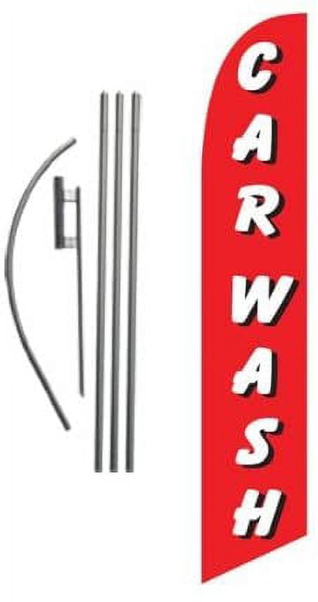 Red and White Car Wash Advertising Feather Banner Swooper Flag Sign with Flag Pole Kit and Ground Stake