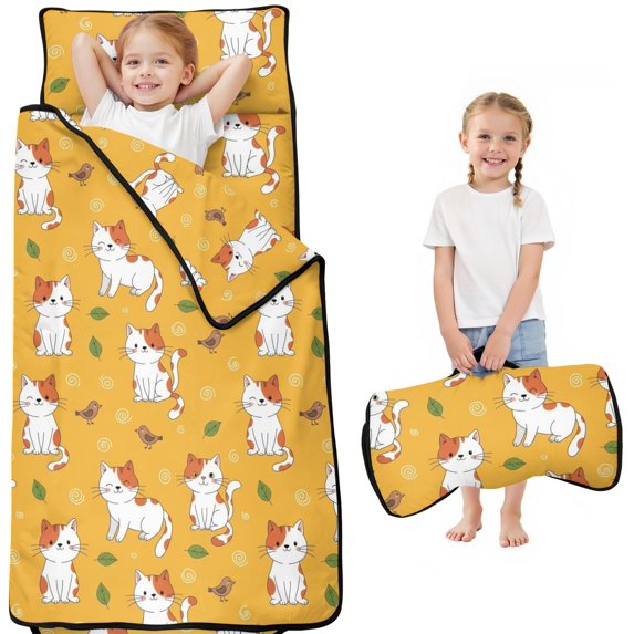 Red and White Cat and Bird Teens Toddler Nap Mat with Pillow, Sleeping Mat Bag for Preschool Daycare 50"x20"